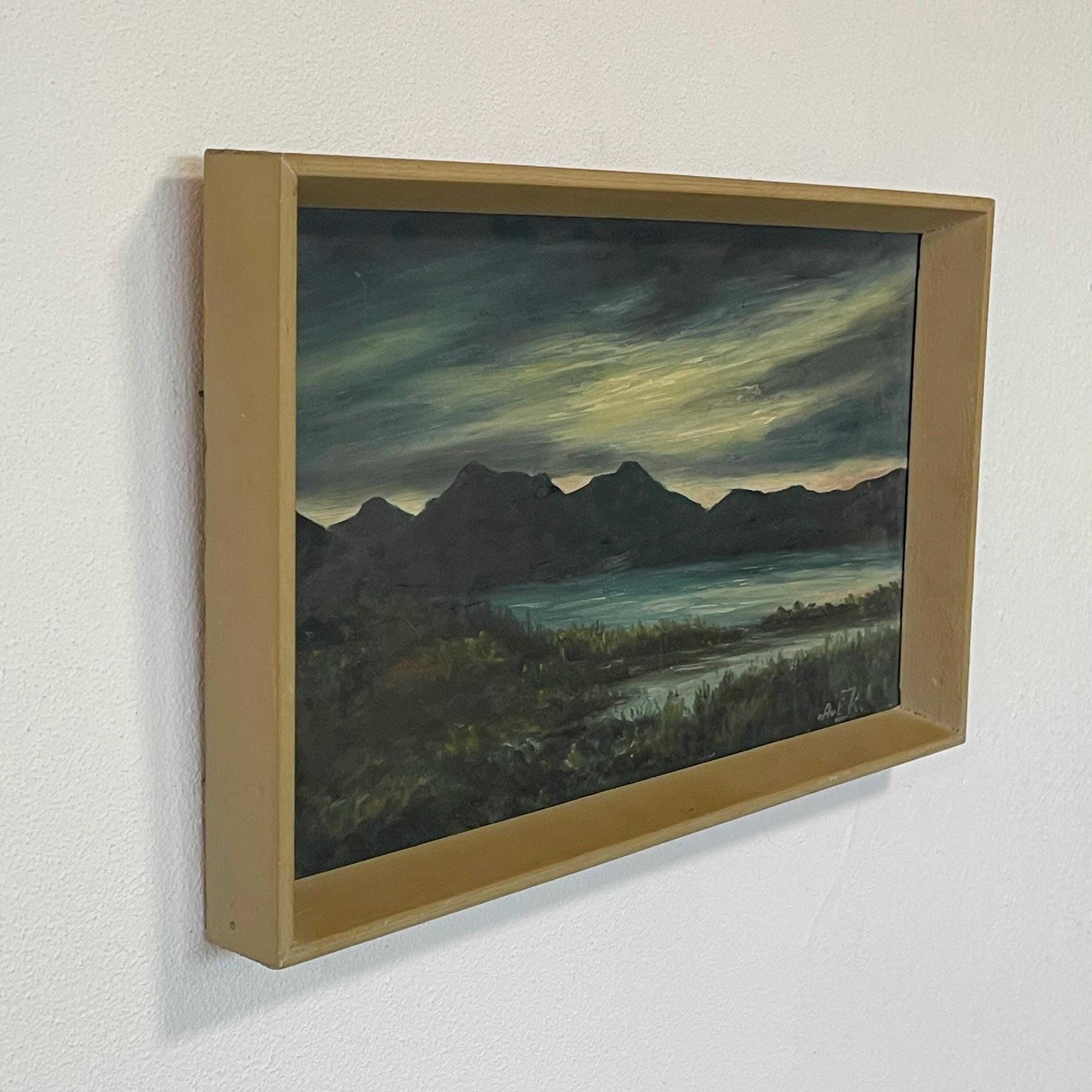 Original Danish Vintage Mid Century Landscape Painting With Motive Of Shoreline With Mountains And Gloomy Skies In Solid Wooden Frame photo buy