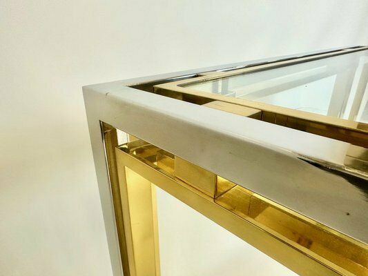 Italian Coffee Table In Chrome & Glass & Brass, 1970s photo vintage