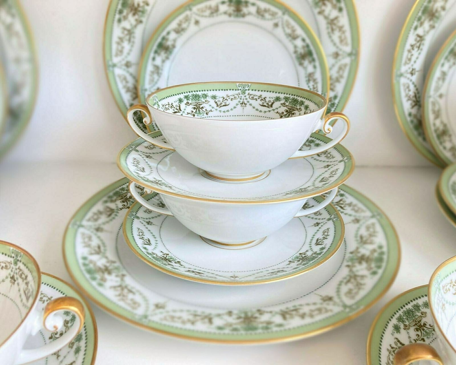 Porcelain Soup Set | Cream Soup Cup (8) And Saucer (8) | White And Green Guirlandes | Hutschenreuther