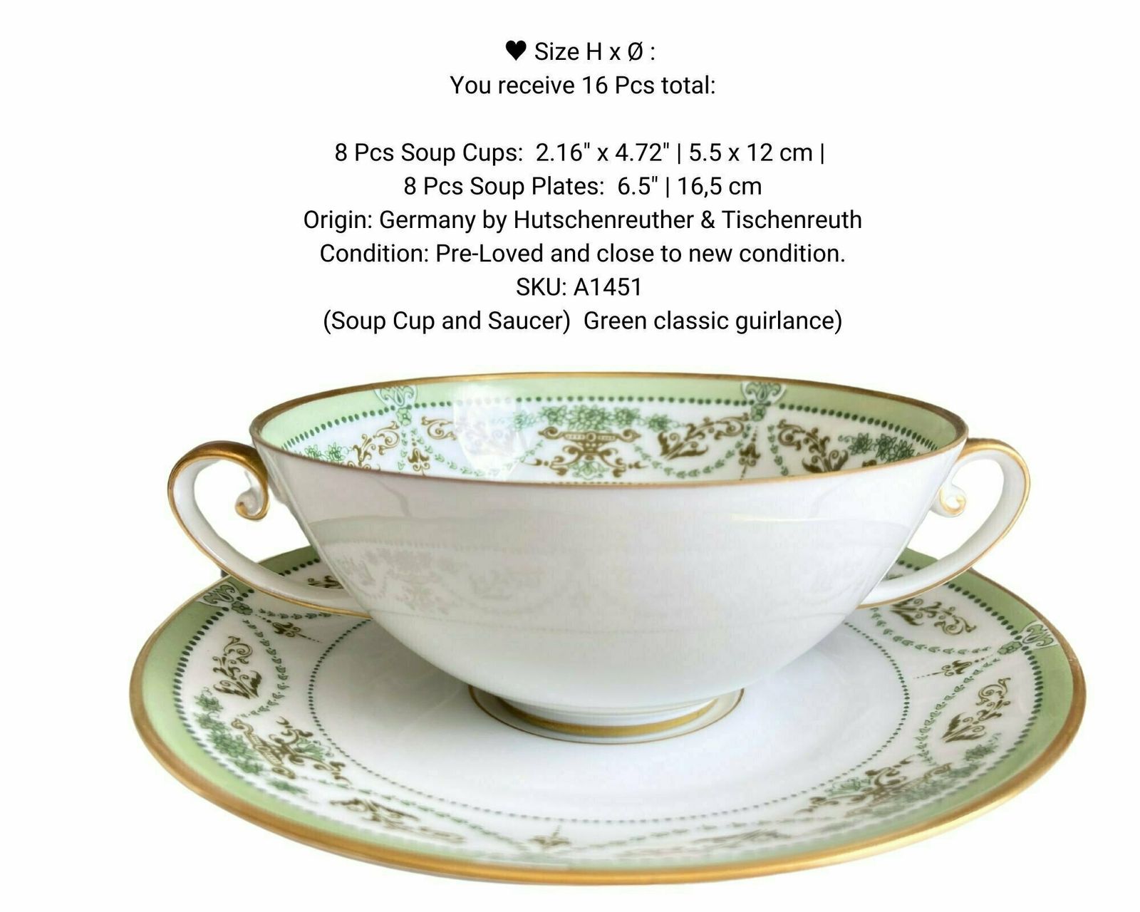 Porcelain Soup Set | Cream Soup Cup (8) And Saucer (8) | White And Green Guirlandes | Hutschenreuther photo furniture