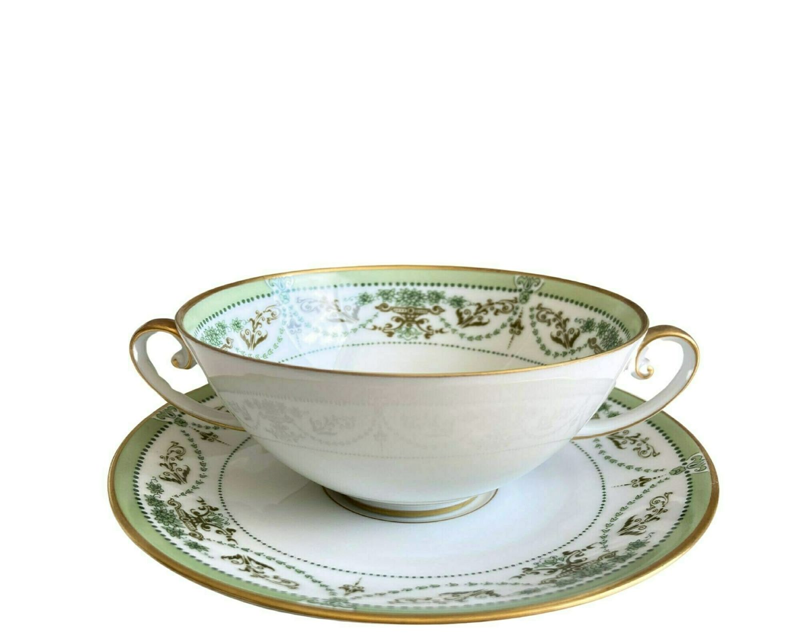 Porcelain Soup Set | Cream Soup Cup (8) And Saucer (8) | White And Green Guirlandes | Hutschenreuther photo for sale