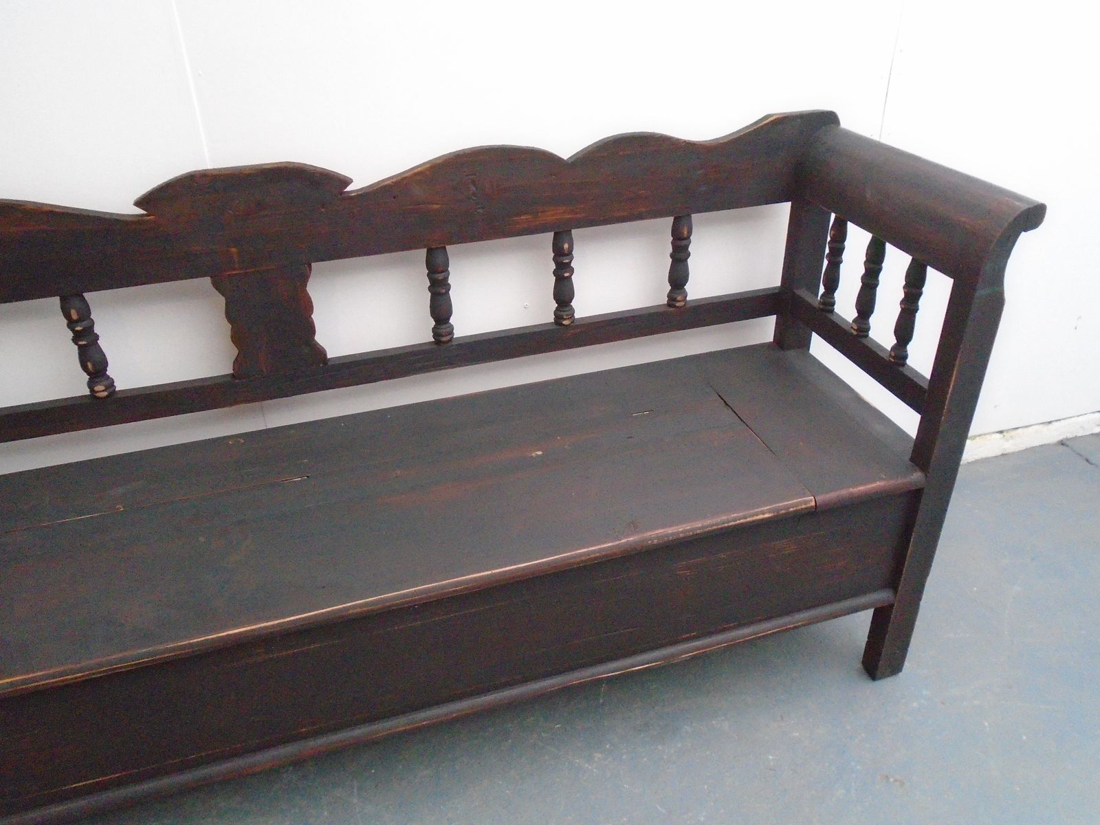 A Black & Red Columned Antique Pine 3 To 4 Seater Bench photo for sale