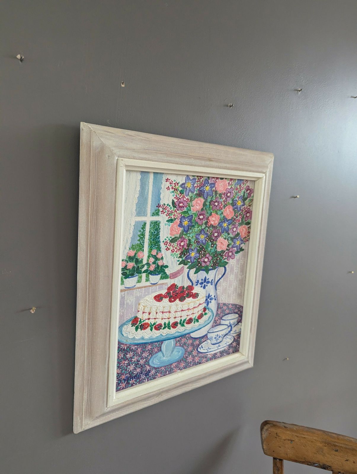 Cake & Blooms Oil Painting, 1990s photo for sale