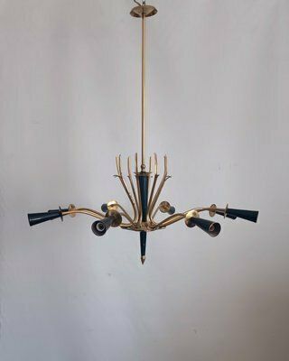 Mid Century Italian Brass Chandelier In The Style Of Oscar Torlasco, 1950s