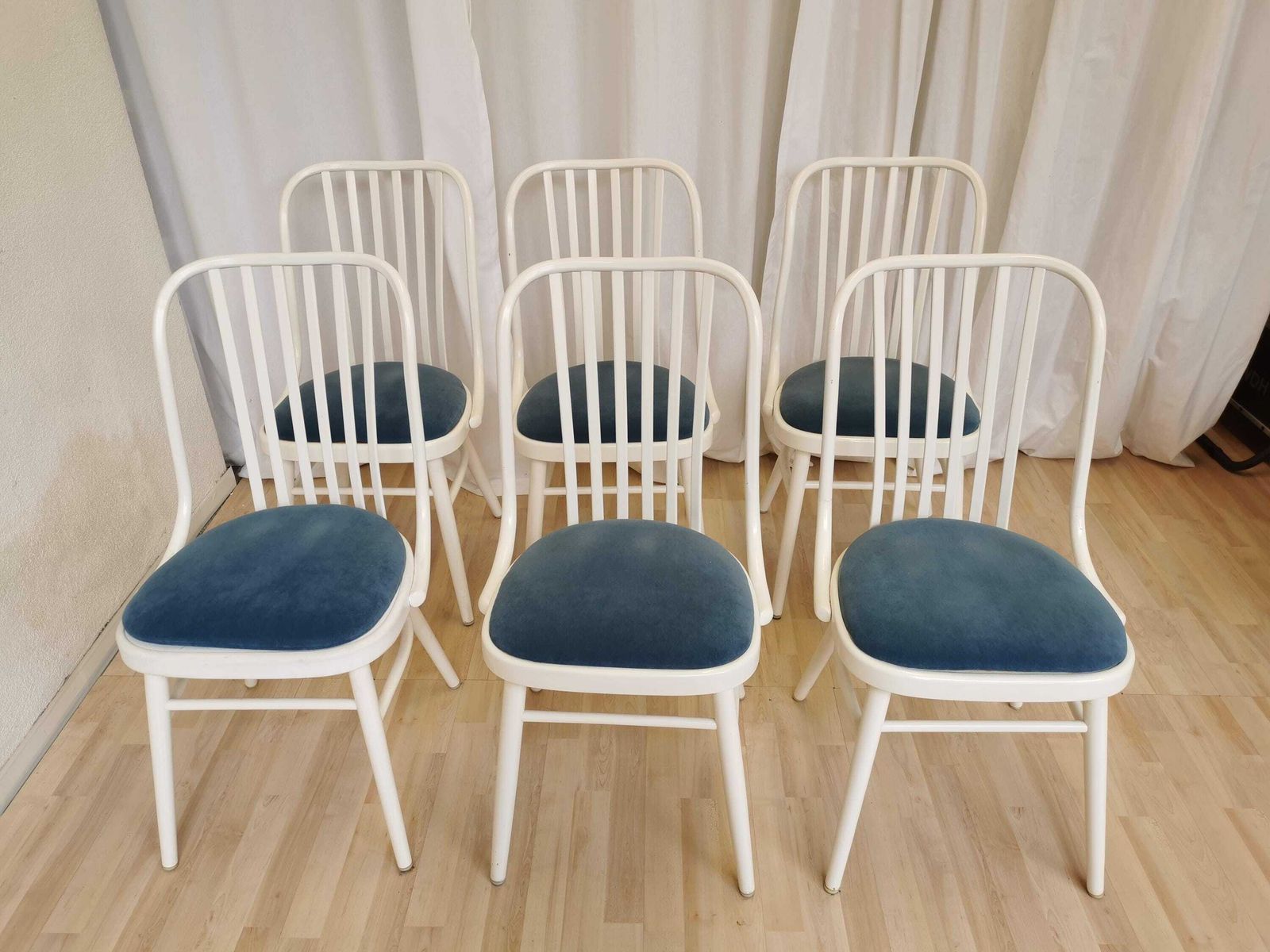 1 Of 6 Vintage Bentwood Dining Chairs / 1980s Yugoslavia / Made In Ligna Style / White Wooden Mid Century Dine Chairs With Blue Fabric Seat photo furniture