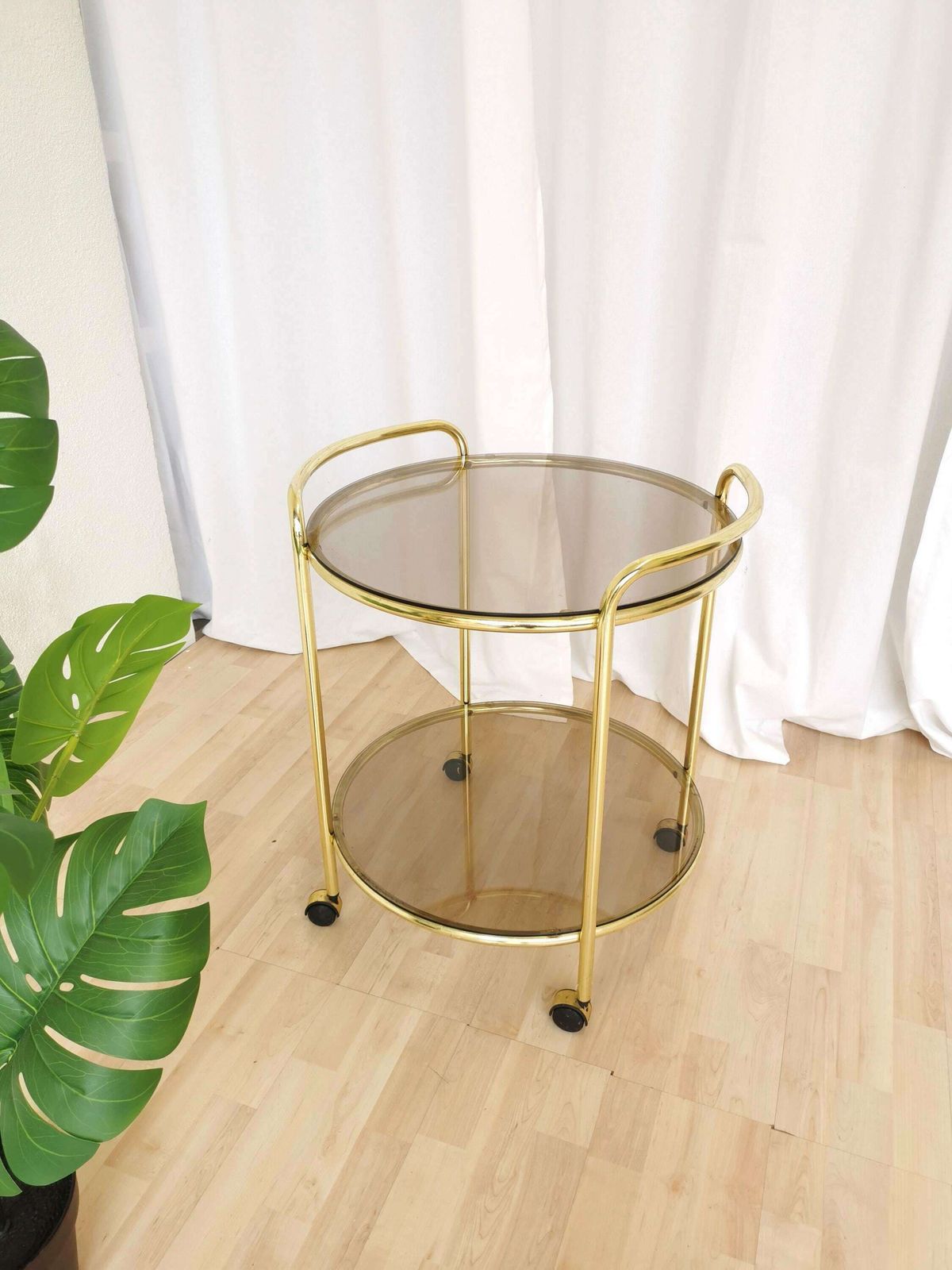 Vintage Serving Trolley With Metal And Smoked Glass / 1970s Mid Century Golden Rolling Side Table / Hollywood Regency Bar On Wheels