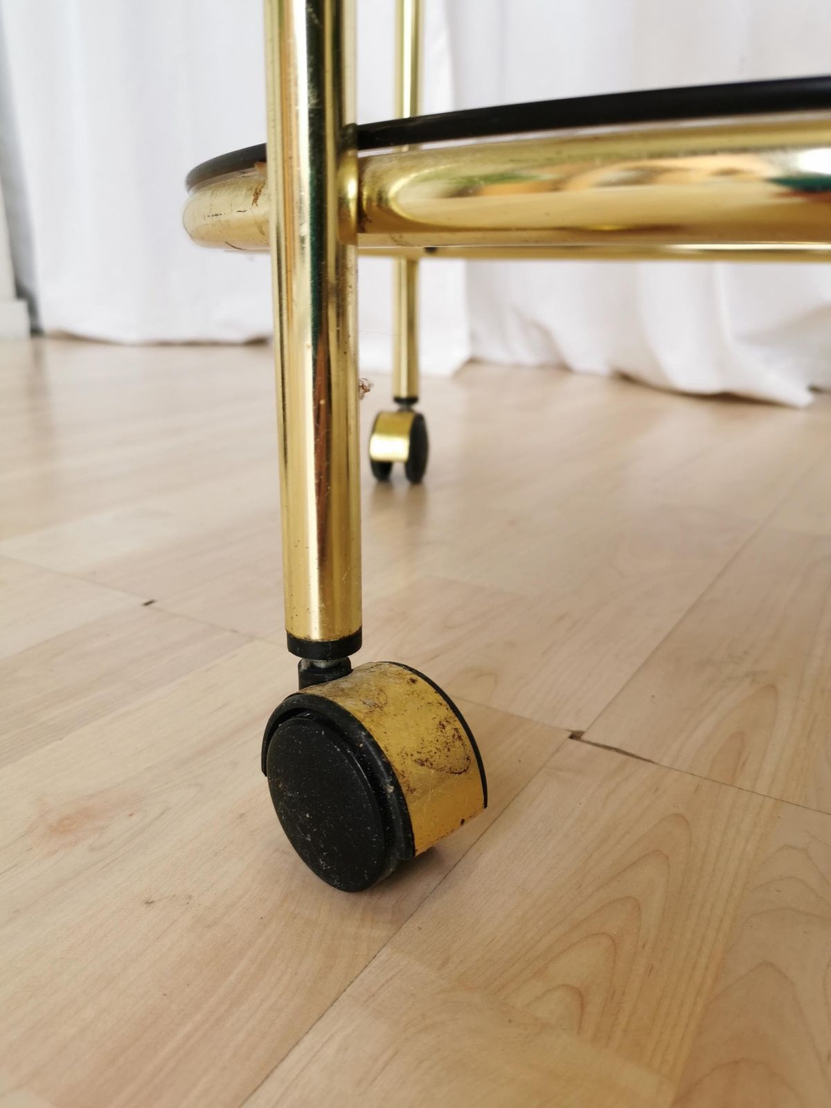 photo furniture Vintage Serving Trolley With Metal And Smoked Glass / 1970s Mid Century Golden Rolling Side Table / Hollywood Regency Bar On Wheels