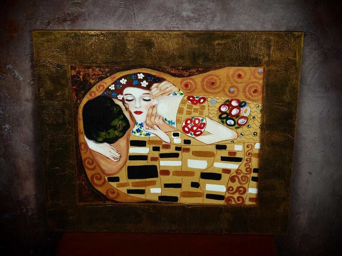 Captivating Hand Painted Oil On Canvas – "The Kiss" Inspired By Gustav Klimt   Klimt Inspired, Hand Painted, Oil On Canvas, Romantic Art photo furniture