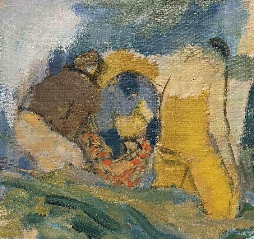 French Schoolmid Century French Post Impressionist Oil, Fishermen Tending Their Nets photo for sale