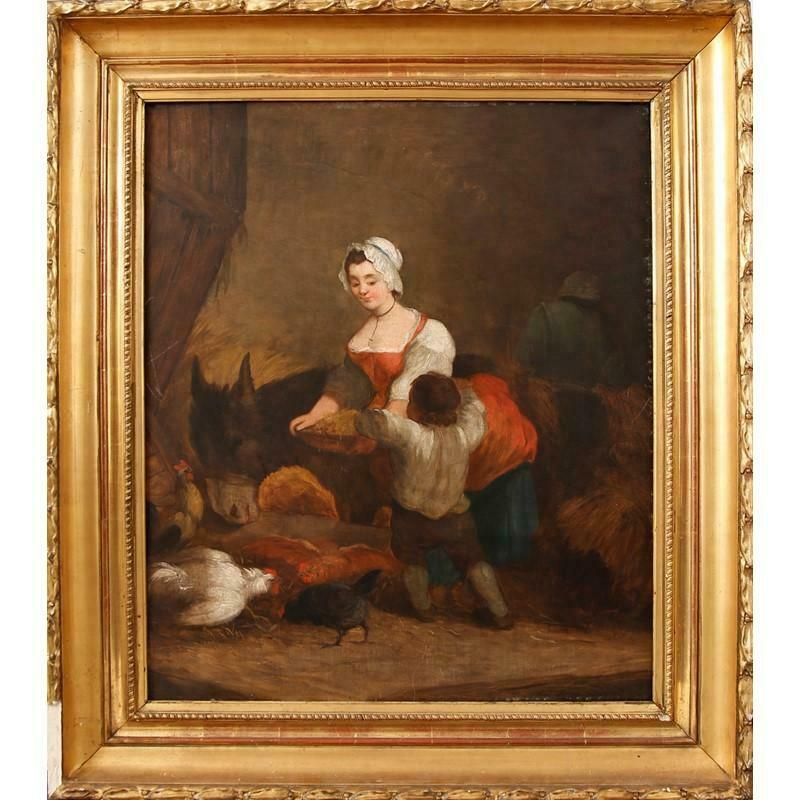 Unknownenglish School 19th Century Oil   Mother & Child Feeding Animals Stable Interior photo furniture