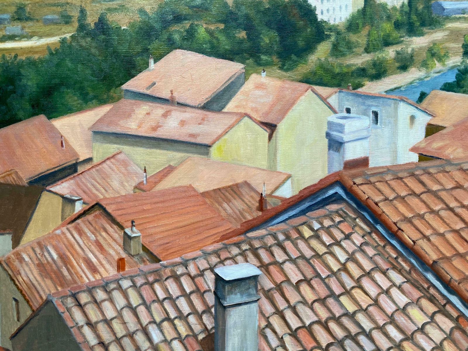 Yvette Bossierevery Large French Impressionist Oil View Over Occitanie Rooftop Village Landscapc. 1970's photo Art