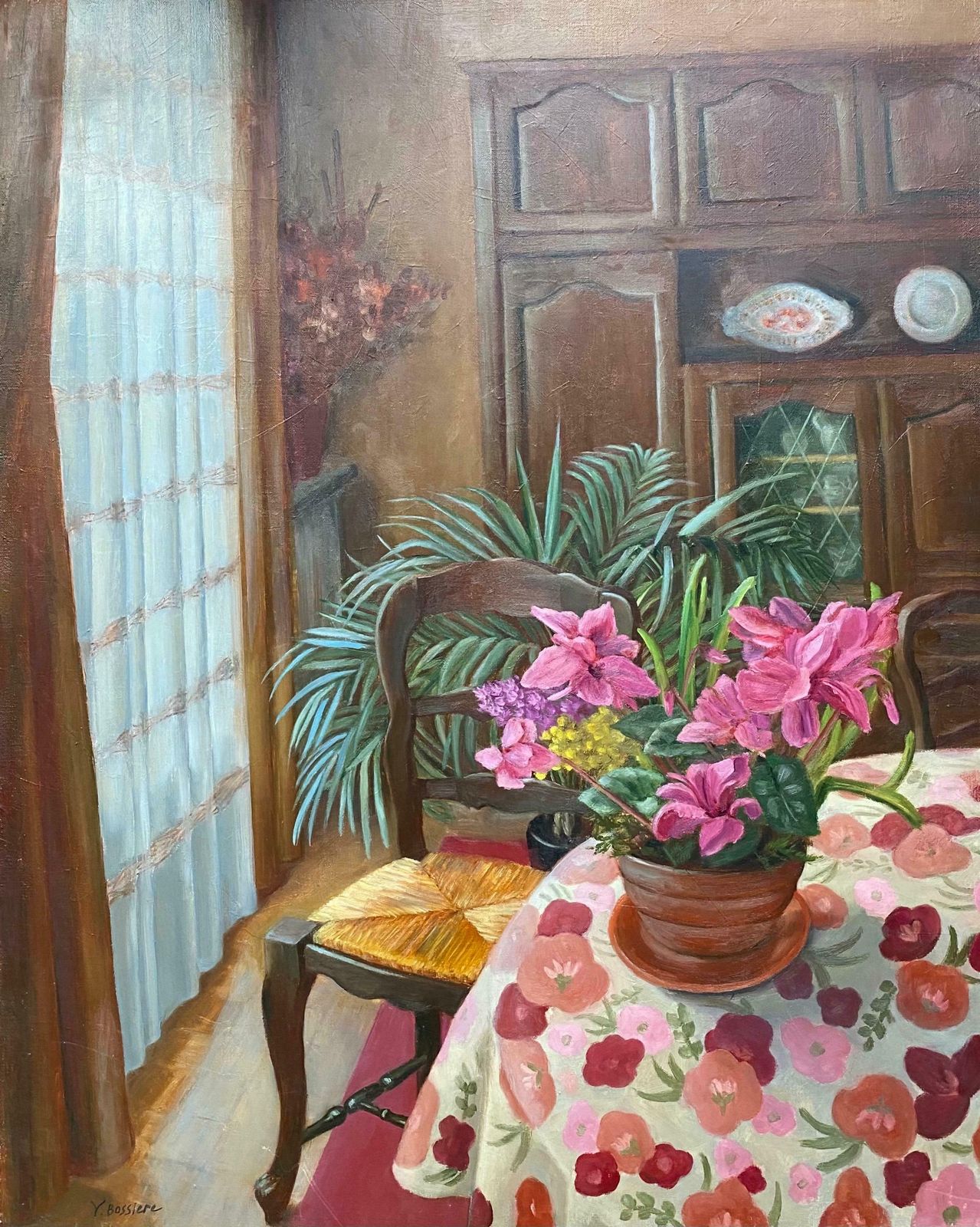Yvette Bossierelarge French Signed Oil   Colorful Interior Room Setting With Pink Flowers20th Century
