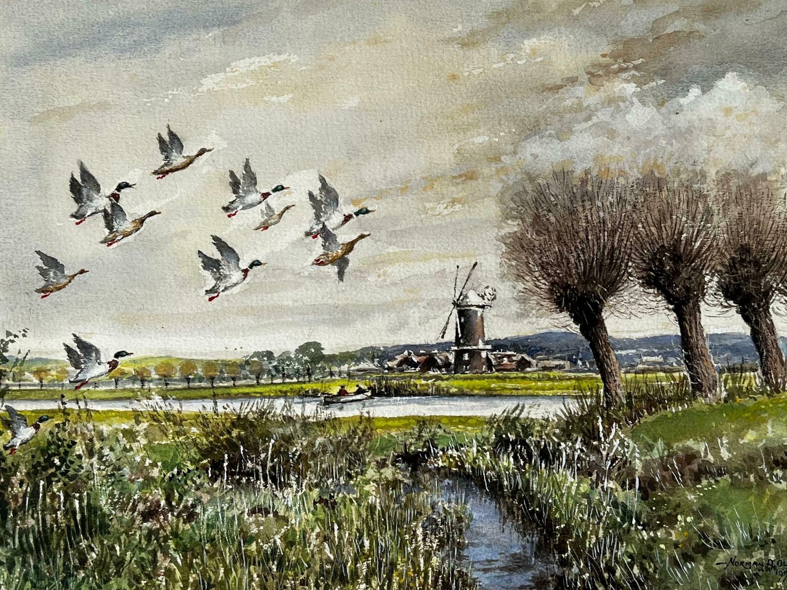 Norman A Olleymallard Ducks Flying Over The Marshes Past The Mill Beyond photo furniture