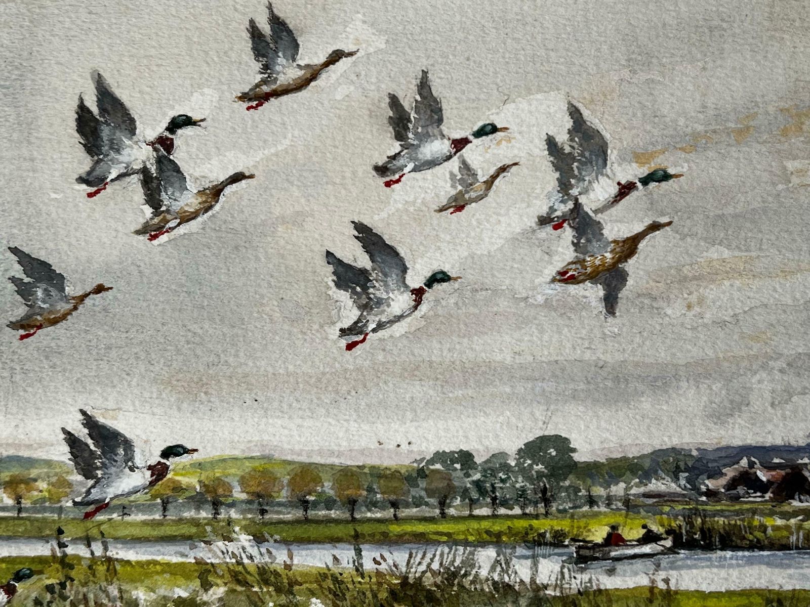 Norman A Olleymallard Ducks Flying Over The Marshes Past The Mill Beyond photo vintage