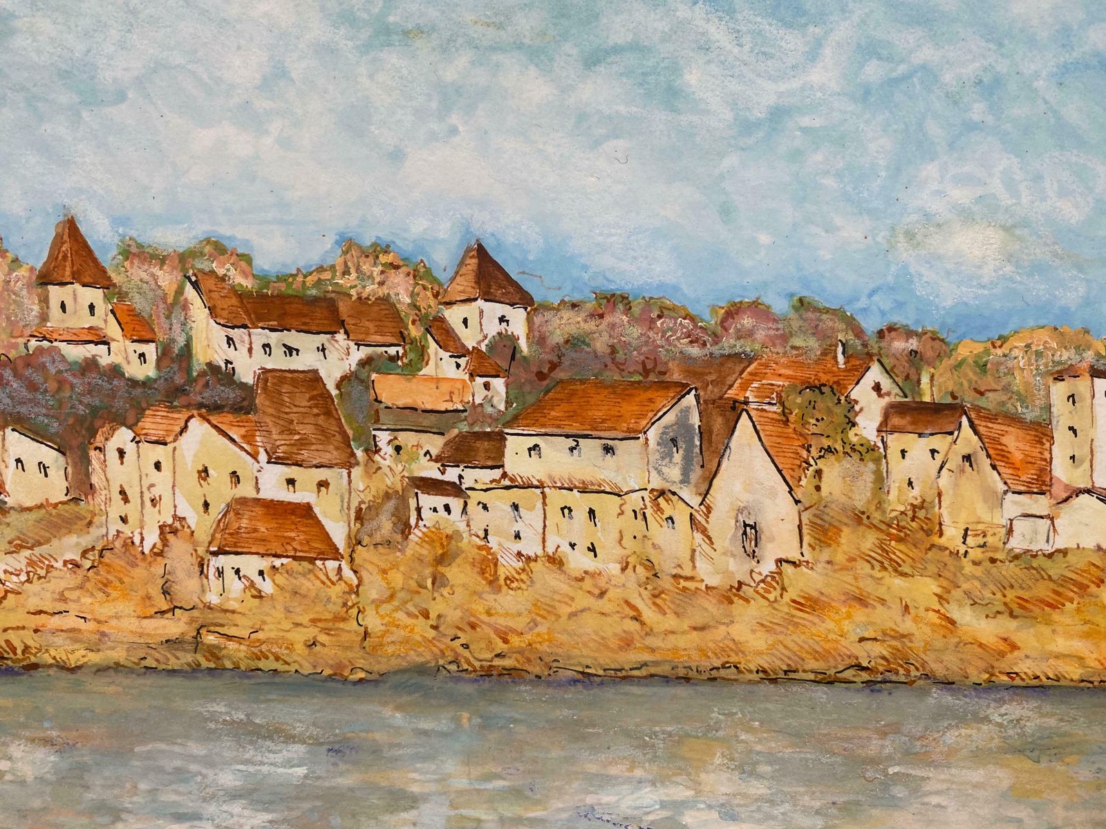Bernard Labbe1950's French Modernist/ Cubist Painting   French Houses On Hill1950's