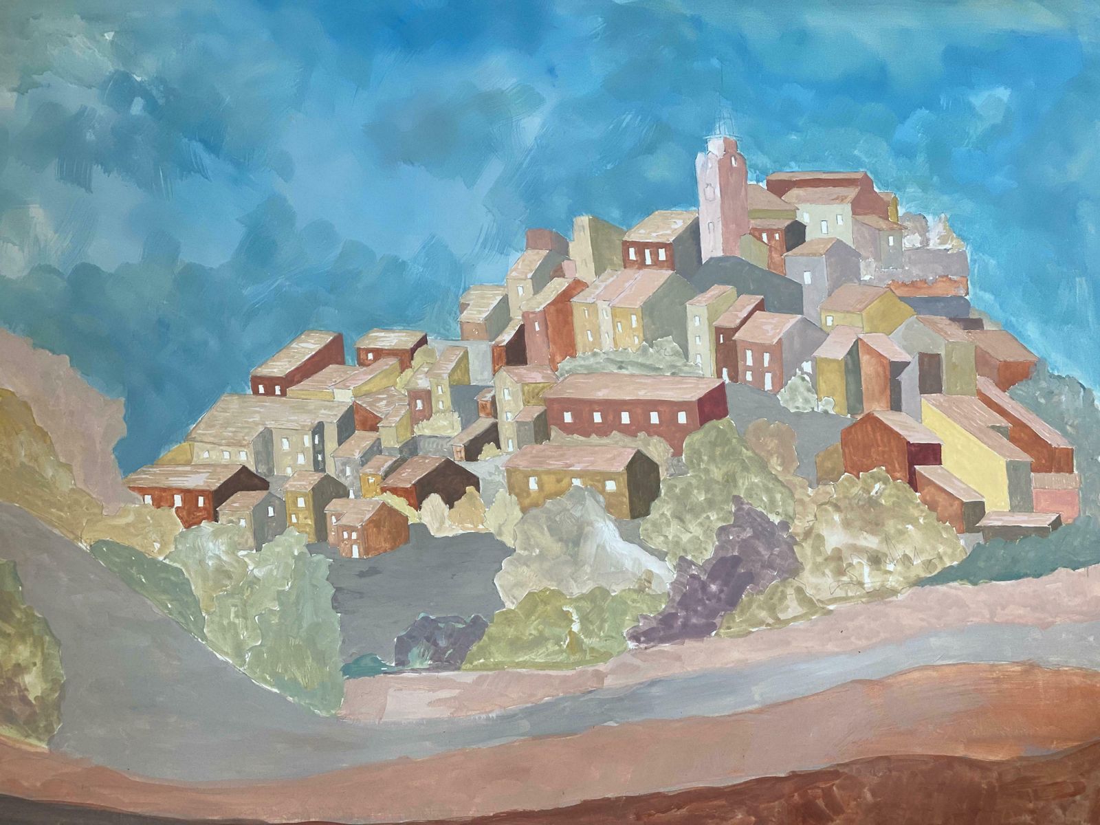 Bernard Labbe1950's French Modernist/ Cubist Painting   Tranquil French Landscape1950's