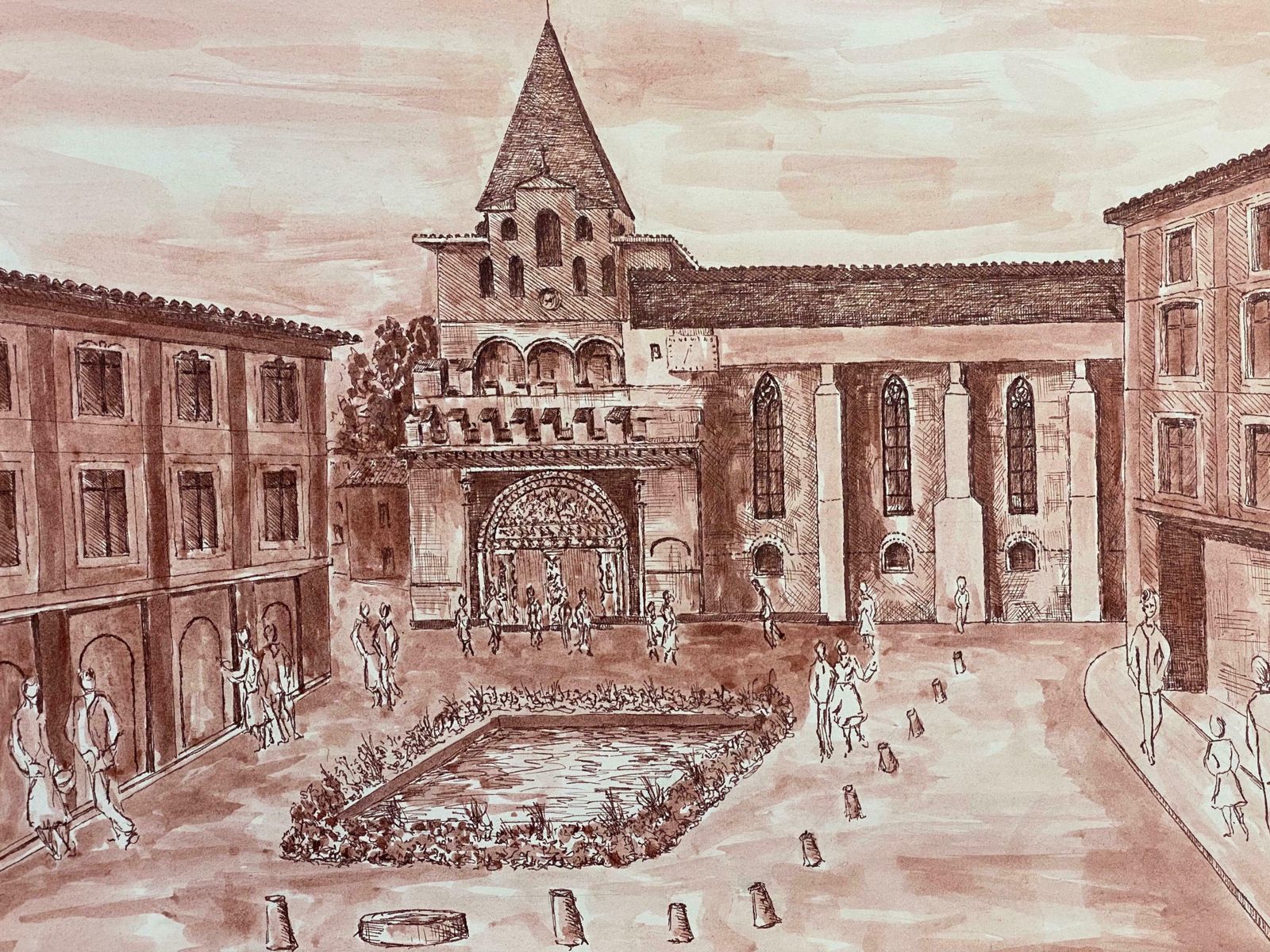 Bernard Labbe1950's French Modernist/ Cubist Painting   Busy French Town Square 1950's photo furniture