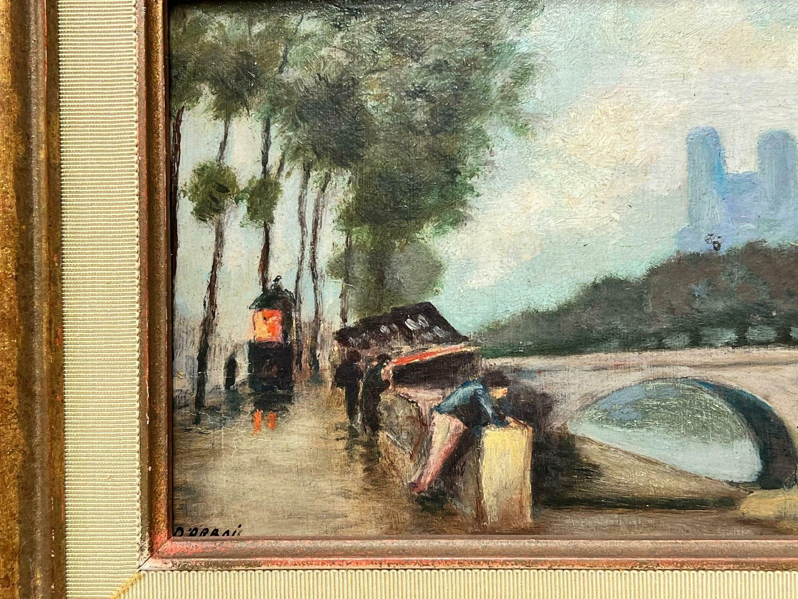 20th Century French Schoolmid 20th Century French Signed Oil River Seine Paris Notre Dame Book Sellers1950's photo for sale