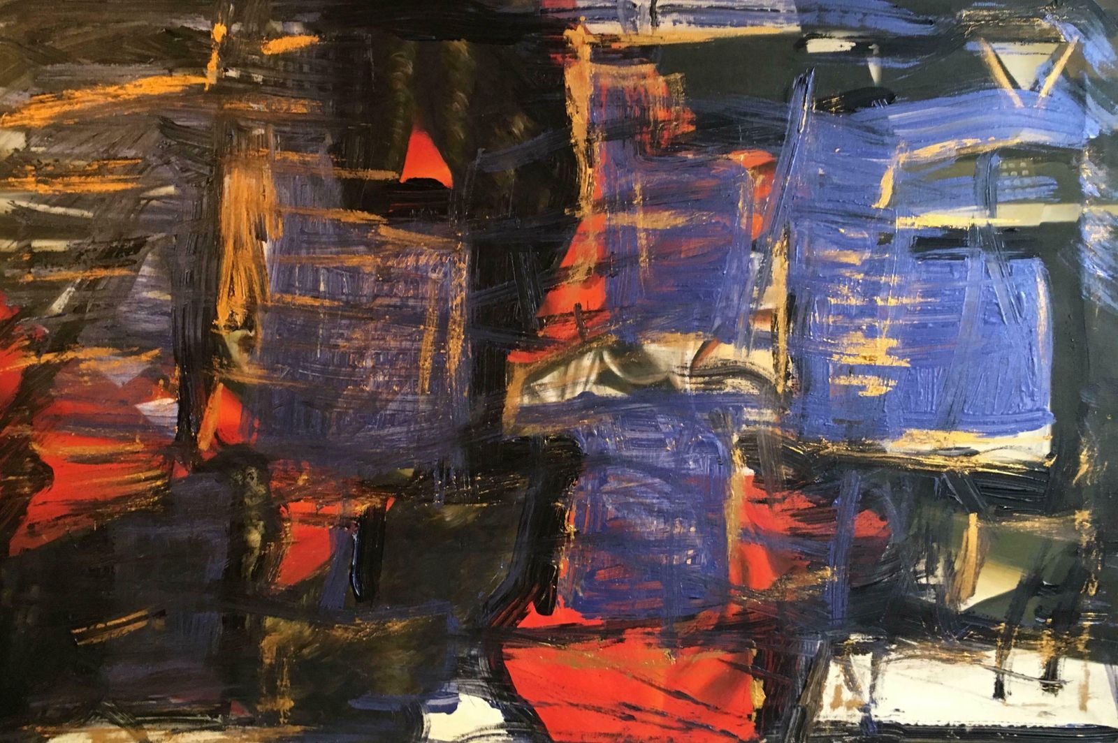 Unknownabstract Oil Painting, Purple, Gold And Red Colourc. 2000