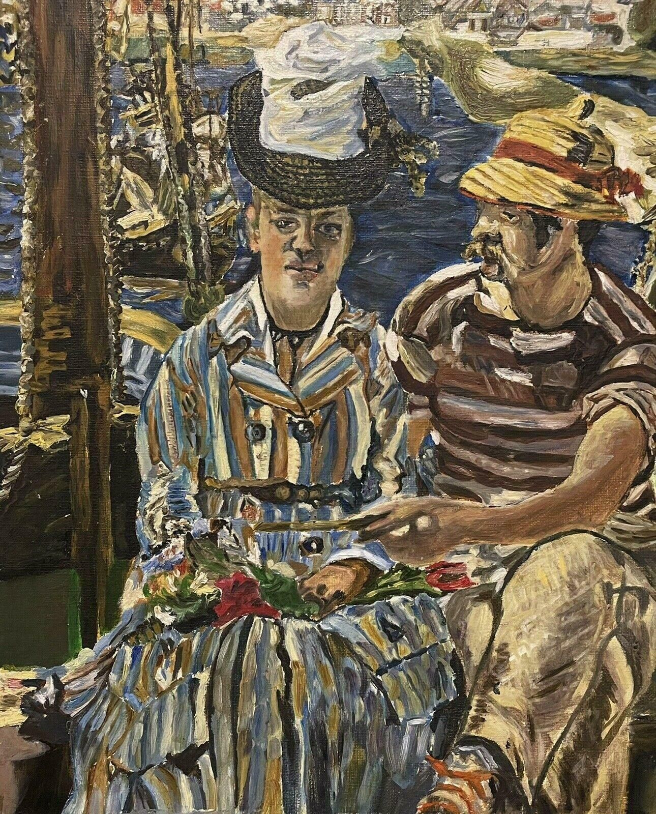 French Impressionist Large French Impressionist Oil After Manet Figures Sitting By Boats On River photo Art