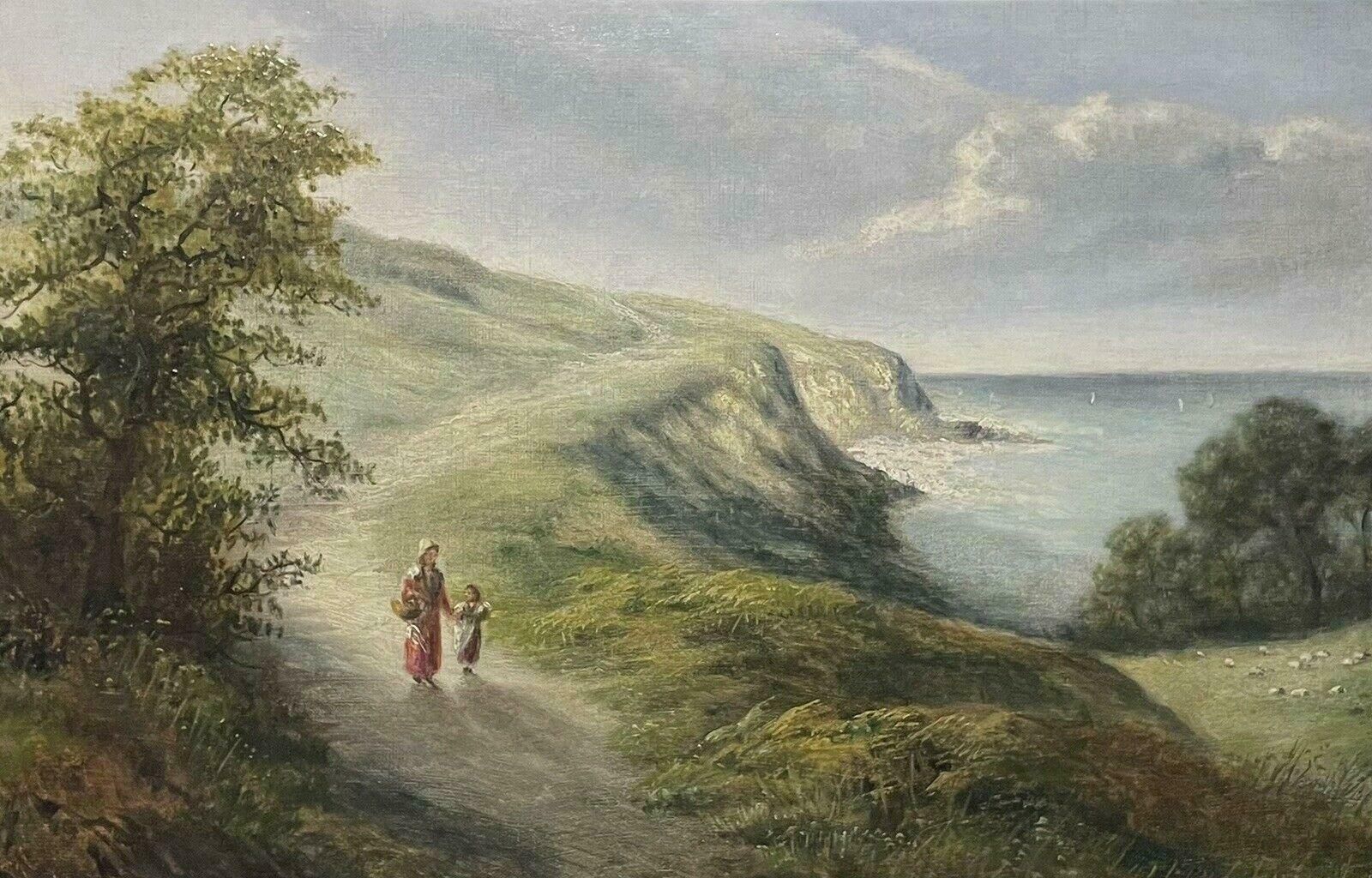 Antique English Mother & Daughter Walking Coastal Pathway, Antique English Oil Paintingc. 1900