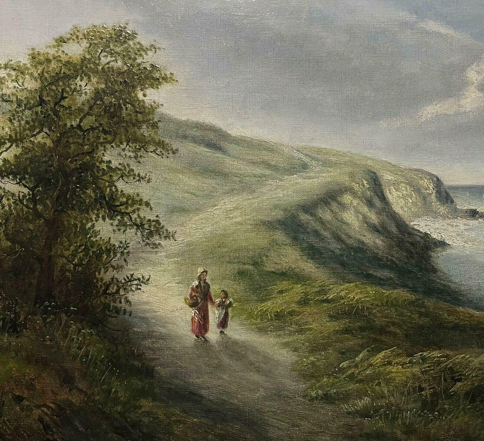 Antique English Mother & Daughter Walking Coastal Pathway, Antique English Oil Paintingc. 1900 photo Art