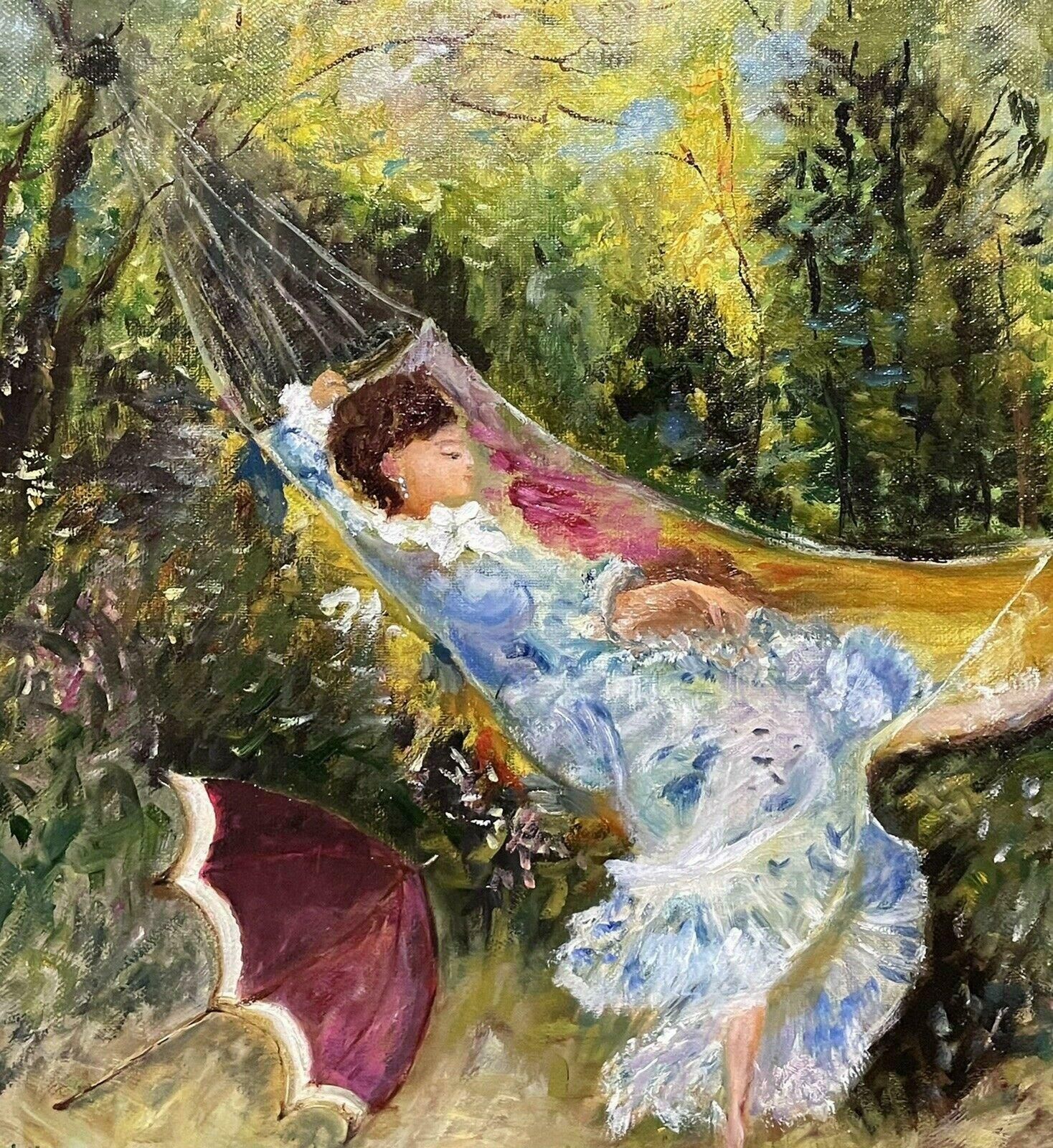 William Mercierwilliam Mercier (French 1939) Signed Impressionist Oil   Lady In Garden Hammockc. 2000 photo Art