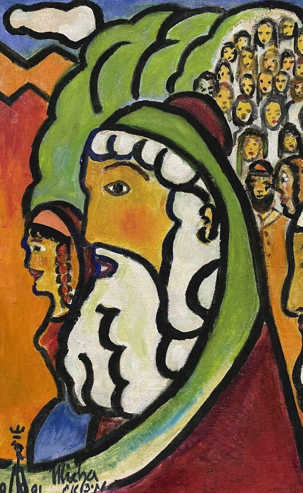 French Schoollarge Figurative French Expressionist Signed Oil, Group Of Figures, Moses? photo for sale