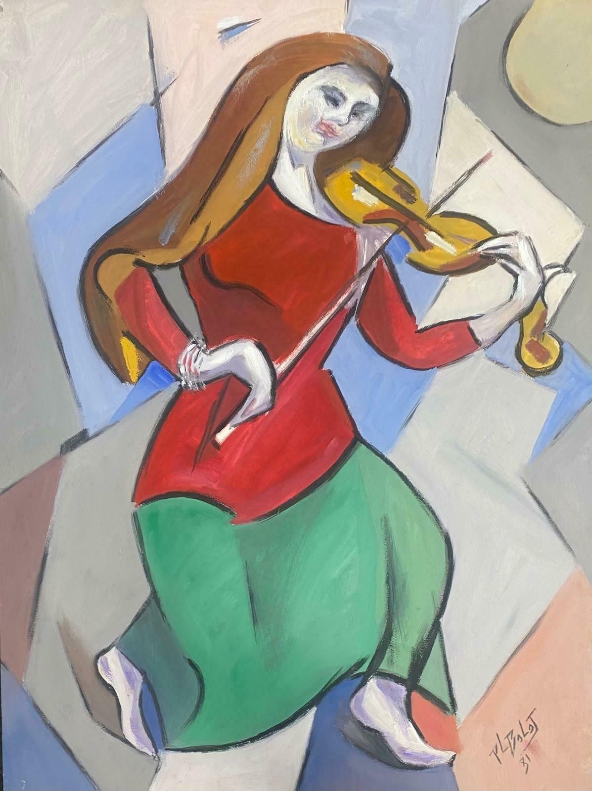 Unknowndouble Sided  French Modernist Gouache Painting Lady In Red With Violin Abstract1981