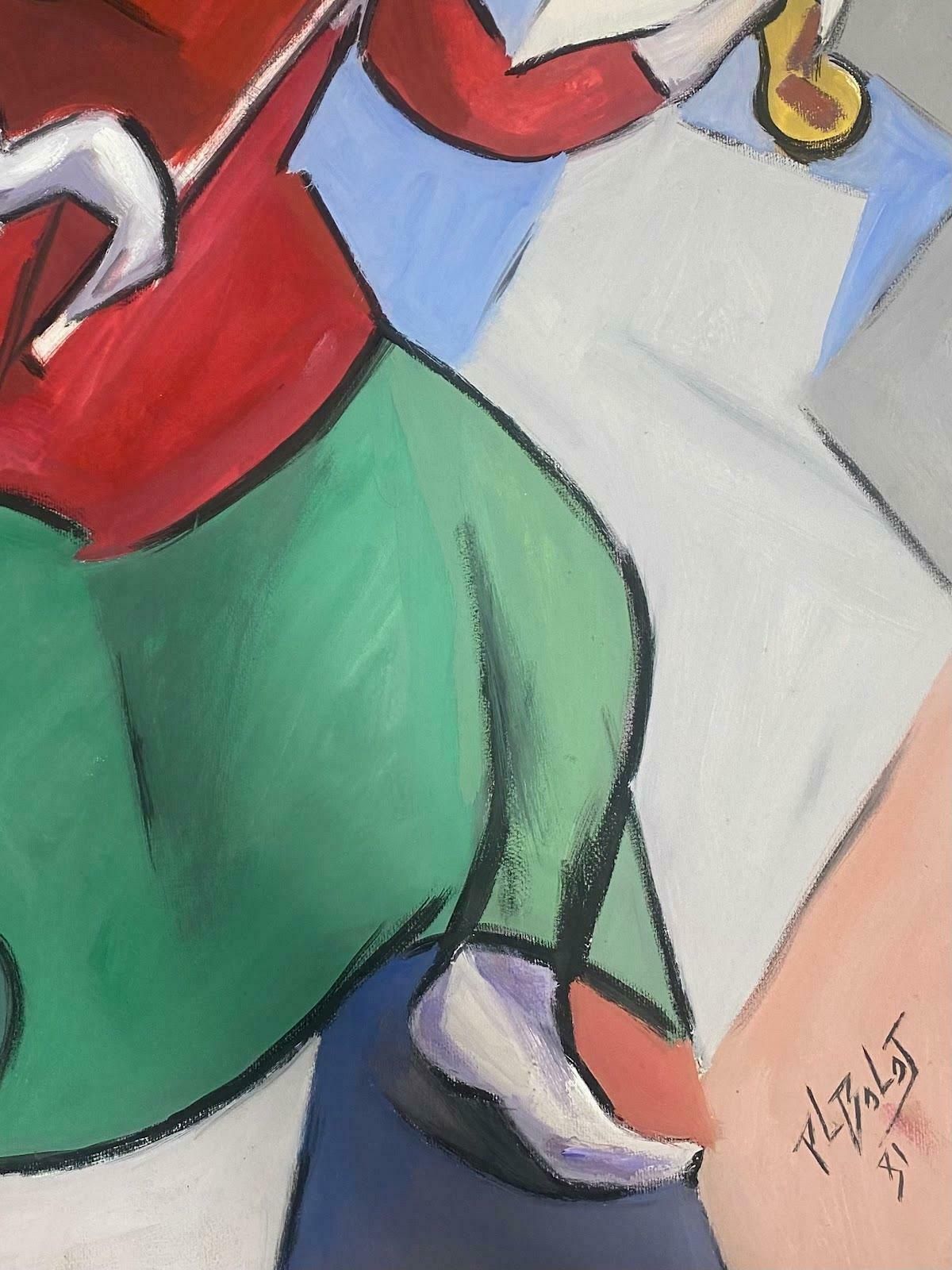 Unknowndouble Sided  French Modernist Gouache Painting Lady In Red With Violin Abstract1981 photo for sale
