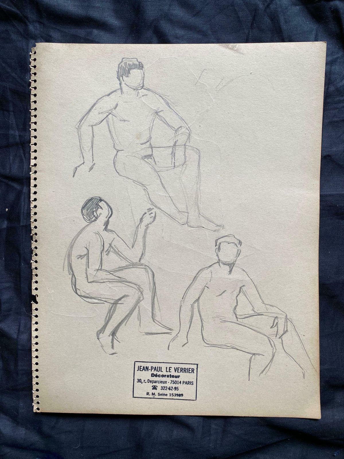 Jean Paul Le Verriermid 20th Century French Original Line Drawing Sketch Nude Men  Stamped photo furniture