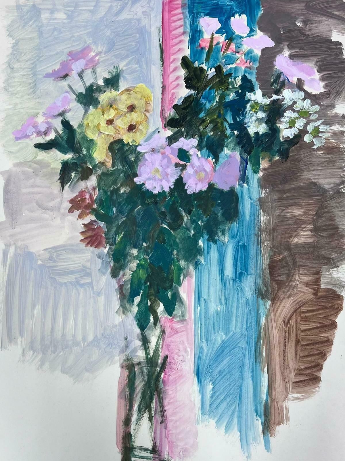 Guy Nicodfrench 20th Century Modernist Painting Flowers In Clear Glass Vase Abstract photo furniture