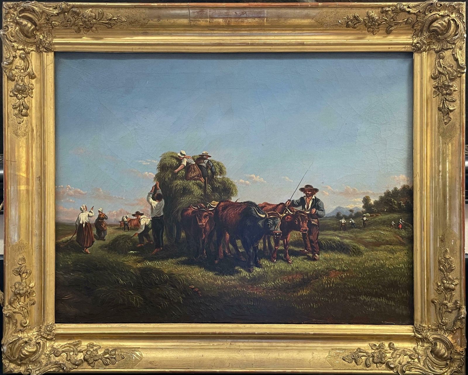 19thc Frenchharvest Workers Loading Hay Cart In Summer Fields, 19th Century French Oil 19th Century photo for sale