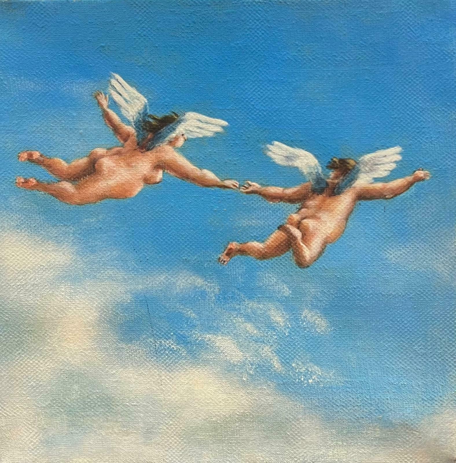 French Schoolfrench Surrealist Oil Winged Cherubs Flying Through Clouds