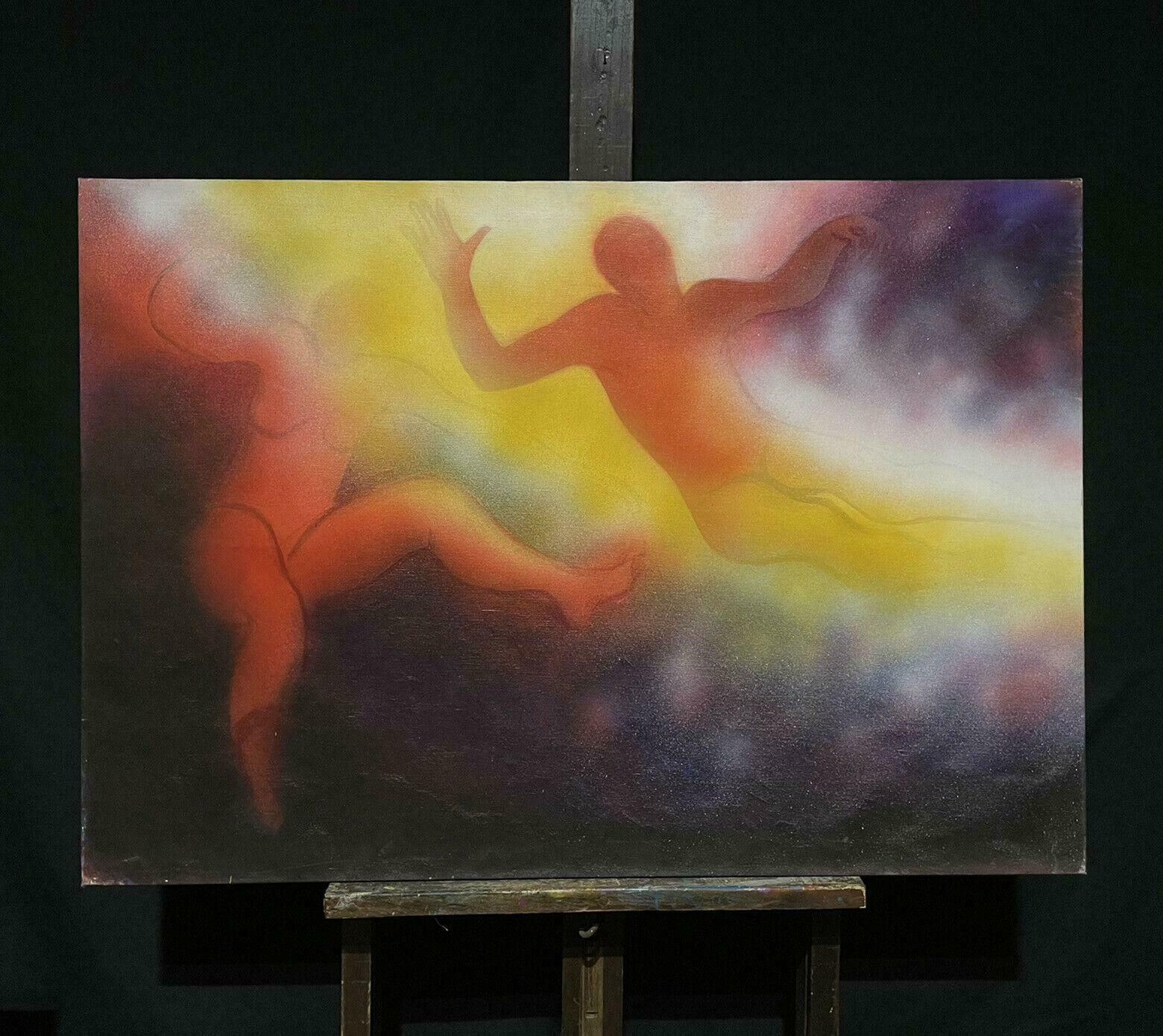 Josyne Gallethuge French Surrealist Fantasy Oil Painting Floating Figures, Signed photo furniture