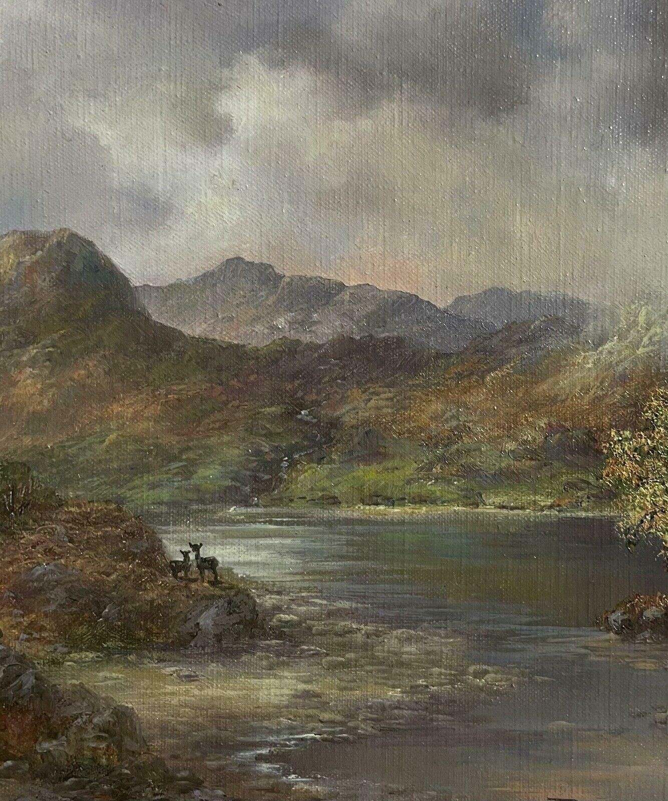 Prudence Turnerscottish Highlands With Stags By Loch, Signed Original British Oil Paintingc. 1970's photo for sale