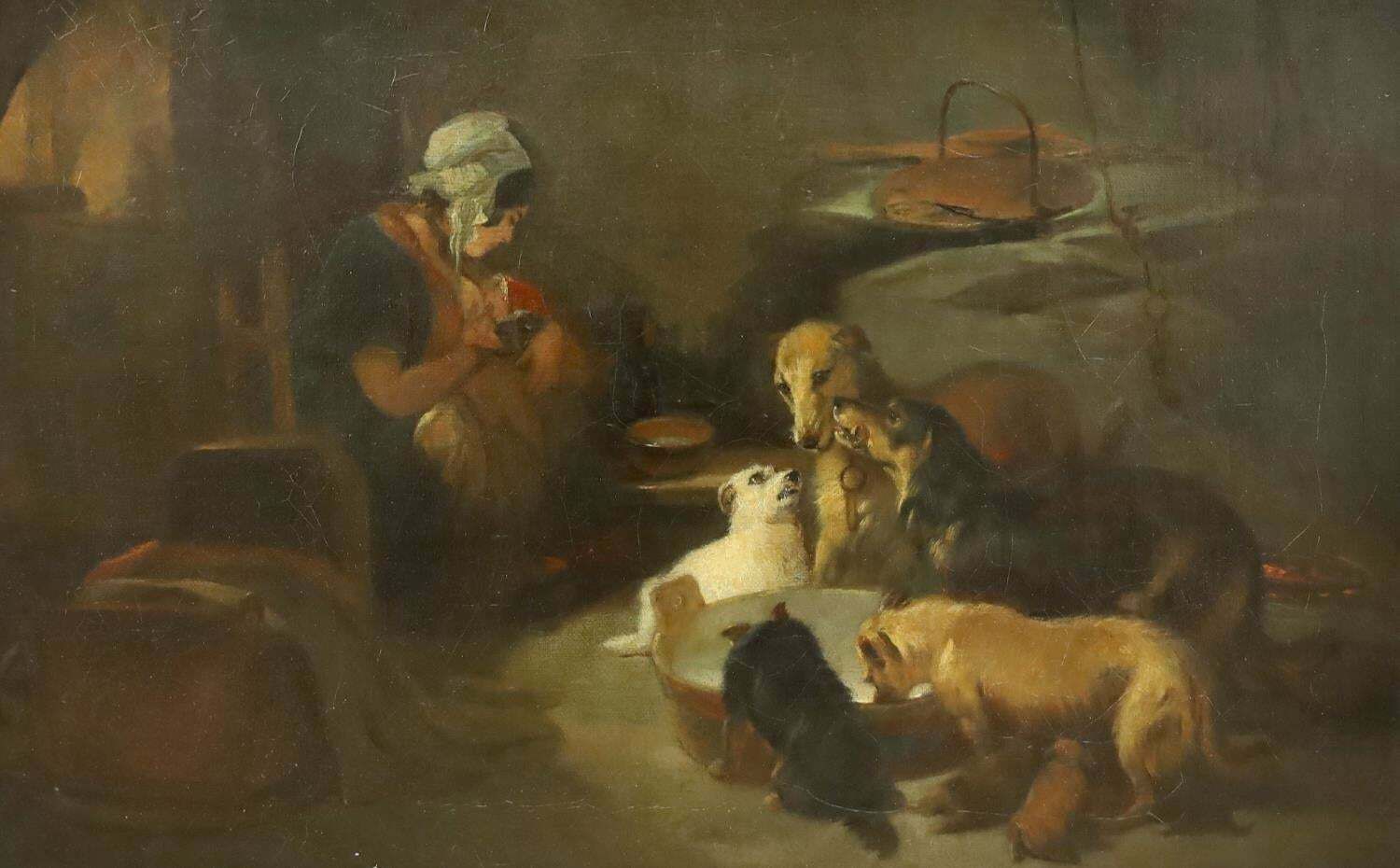 James Rolfevictorian Oil Painting A Highland Breakfast, Interior With Woman And Dogs