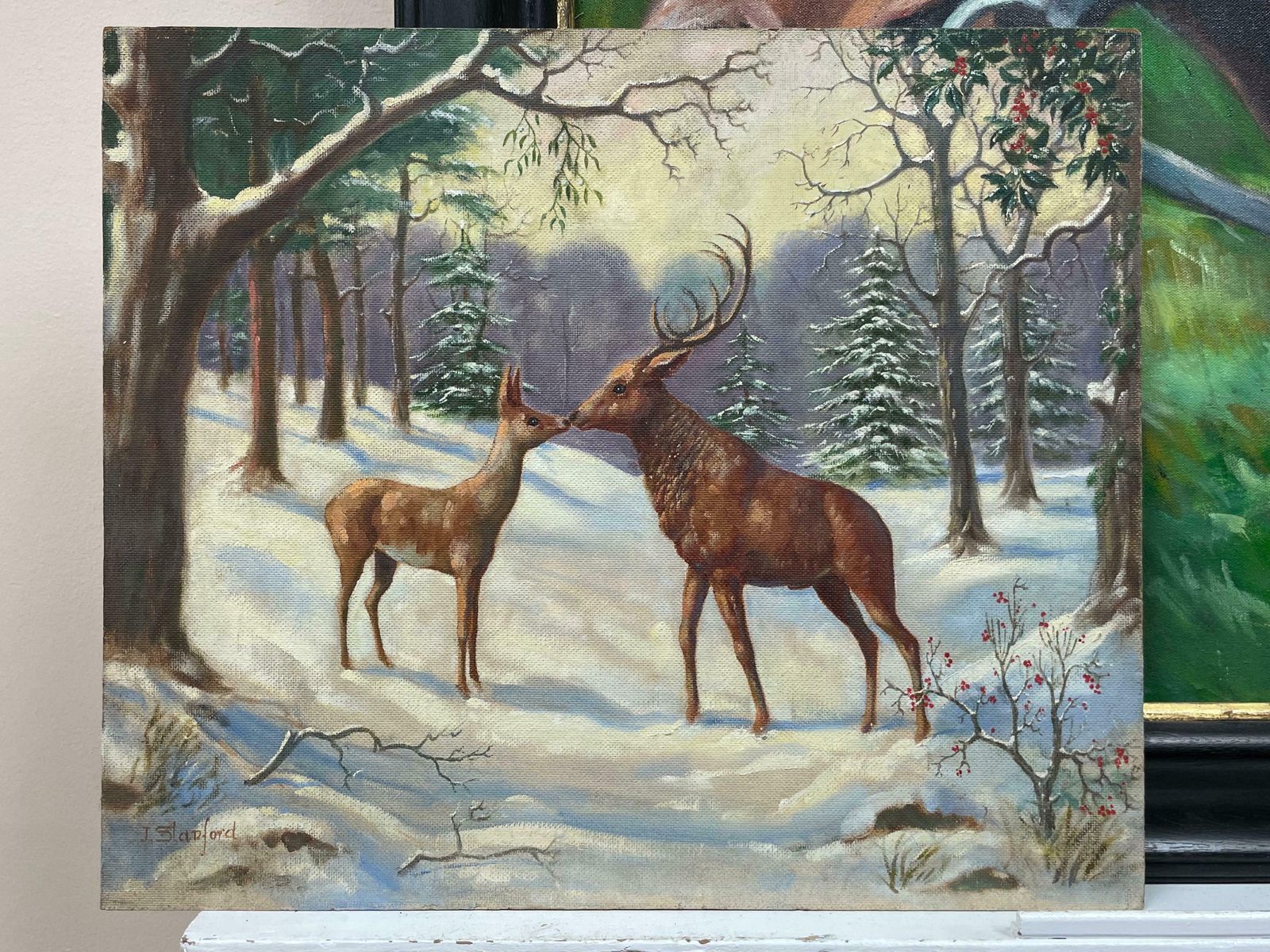 Vintage Englishchristmas English Oil Painting Two Deer In Winter Snow With Holly, Signed 1960's1960's photo furniture