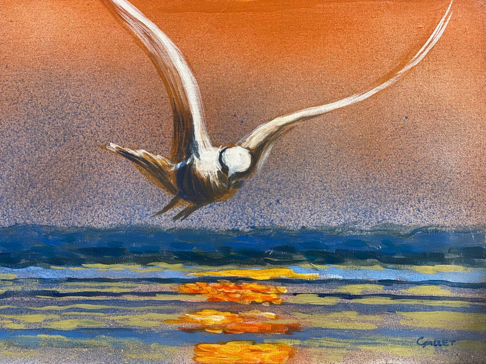 French Contemporaryseagull In Flight Sunset Seascape, Signed Large Oil Painting photo Art