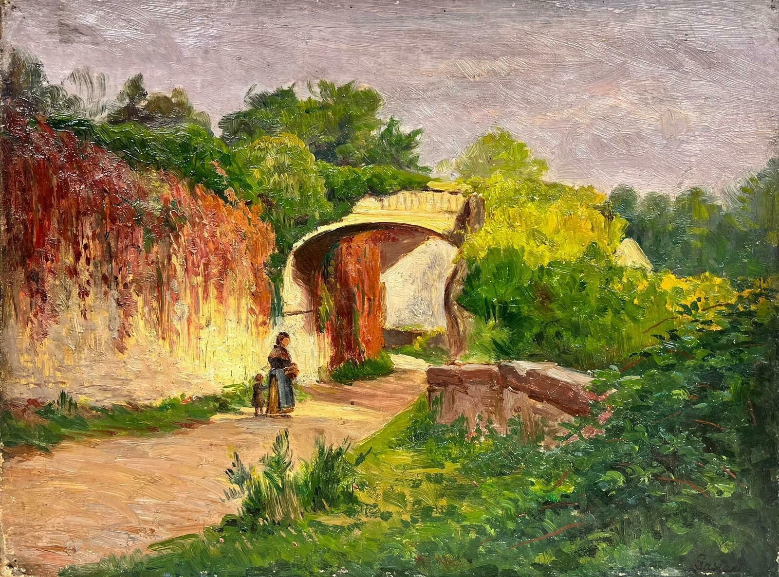 French School1900’s French Impressionist Oil Mother & Child Walking Country Lane In Sunshine 1900