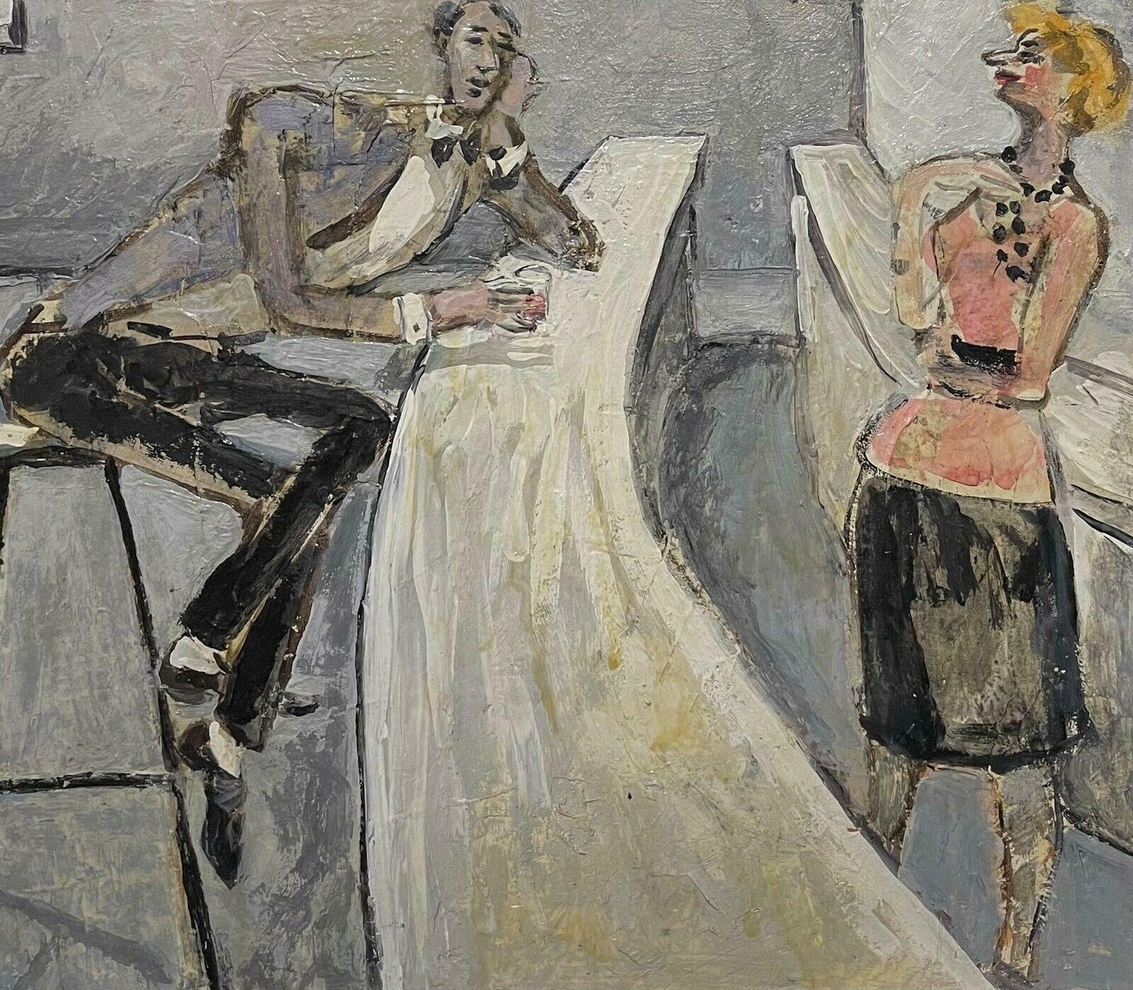 Unknownthe Bar Drinker, Signed French Modernist Oil Painting   Man At Bar With Barmaid photo for sale