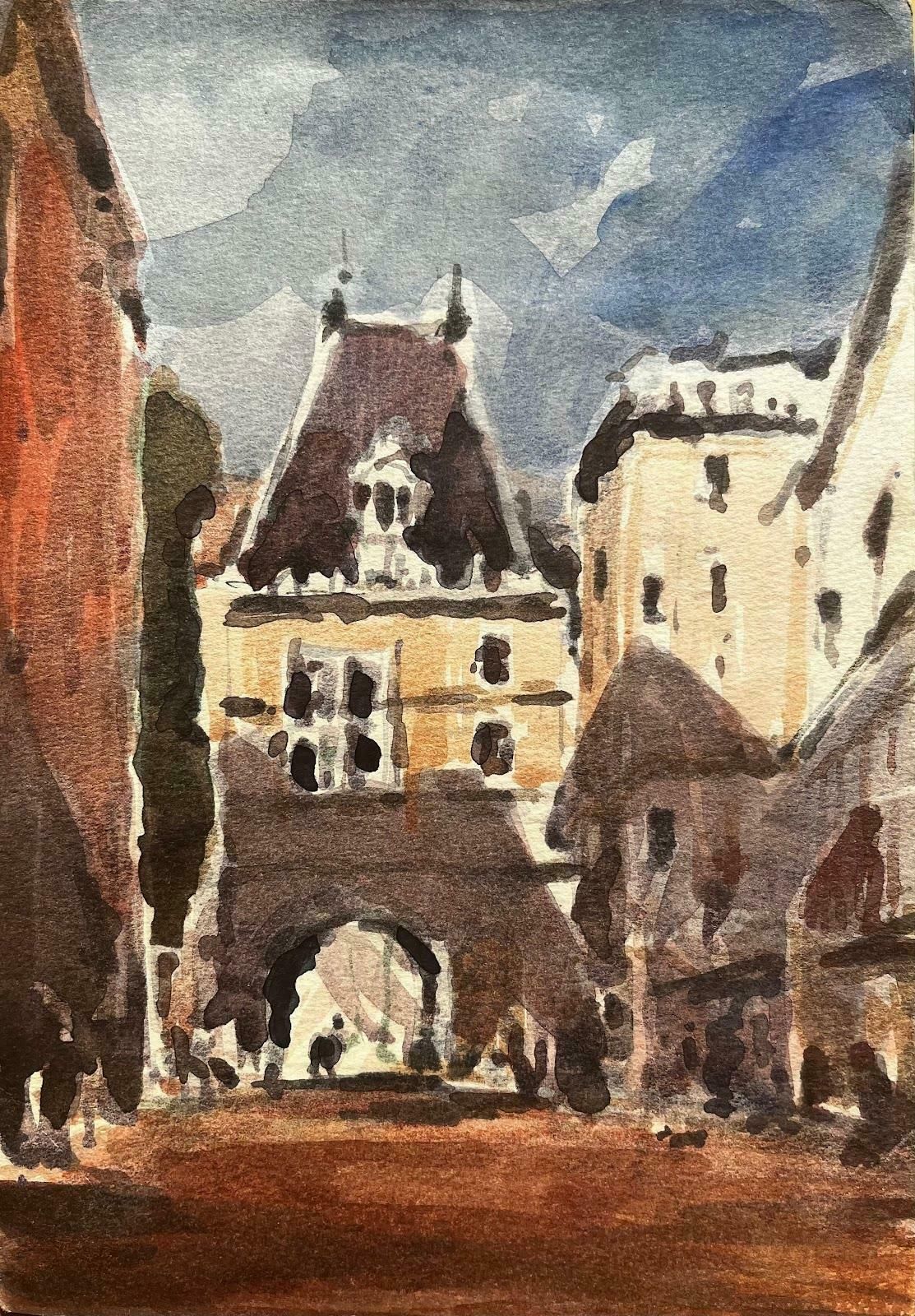 Unknownfrench Impressionist Watercolor Landscape Stone Archway In Quaint French Town20th Century photo furniture