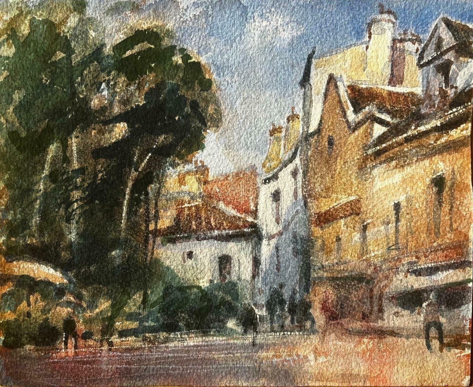 Unknownfrench Impressionist Watercolor Landscape   “Sunny Village Street With Figures"20th Century photo furniture