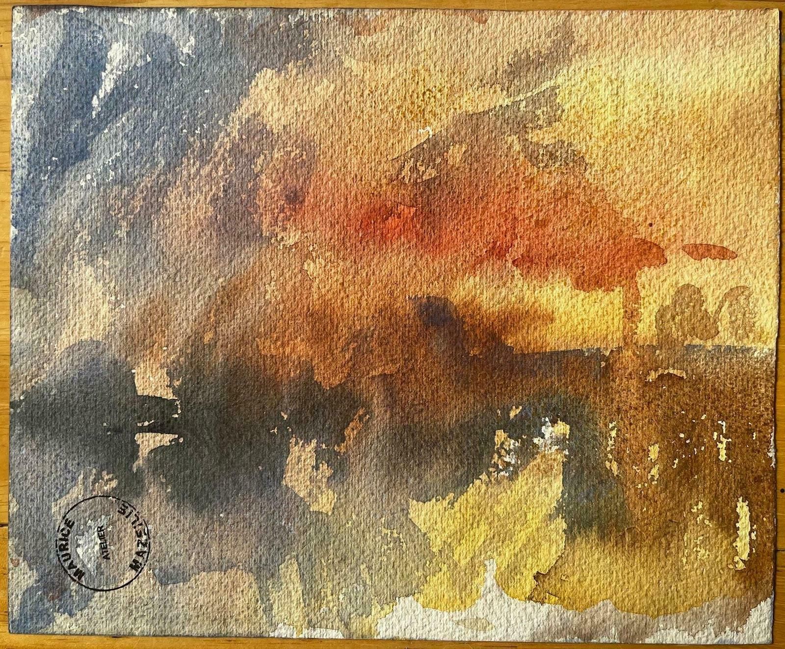 Unknownfrench Impressionist Watercolor Landscape   “Sunny Village Street With Figures"20th Century photo 352.0