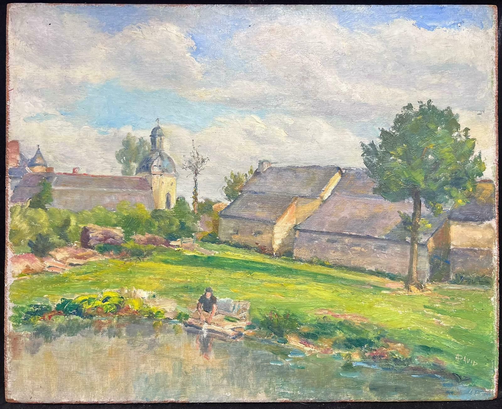 Regine Davidfigure In Peaceful Village Scene By The Water Charming Oil Painting1950's photo buy