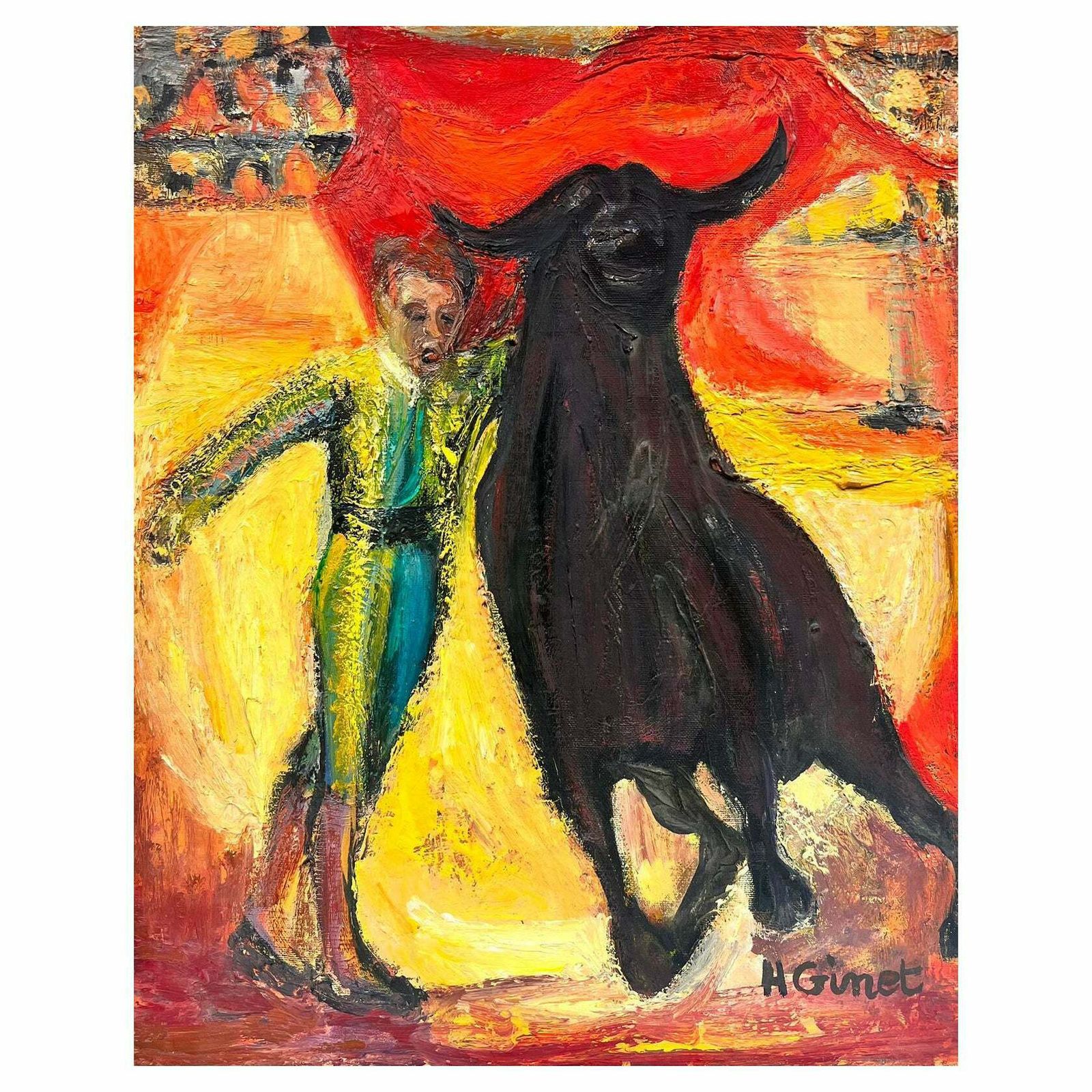 Huguette Ginet Lasnier Mid 20th Century French Oil Bull Fighter Matador With Bull Yellow & Red Colors