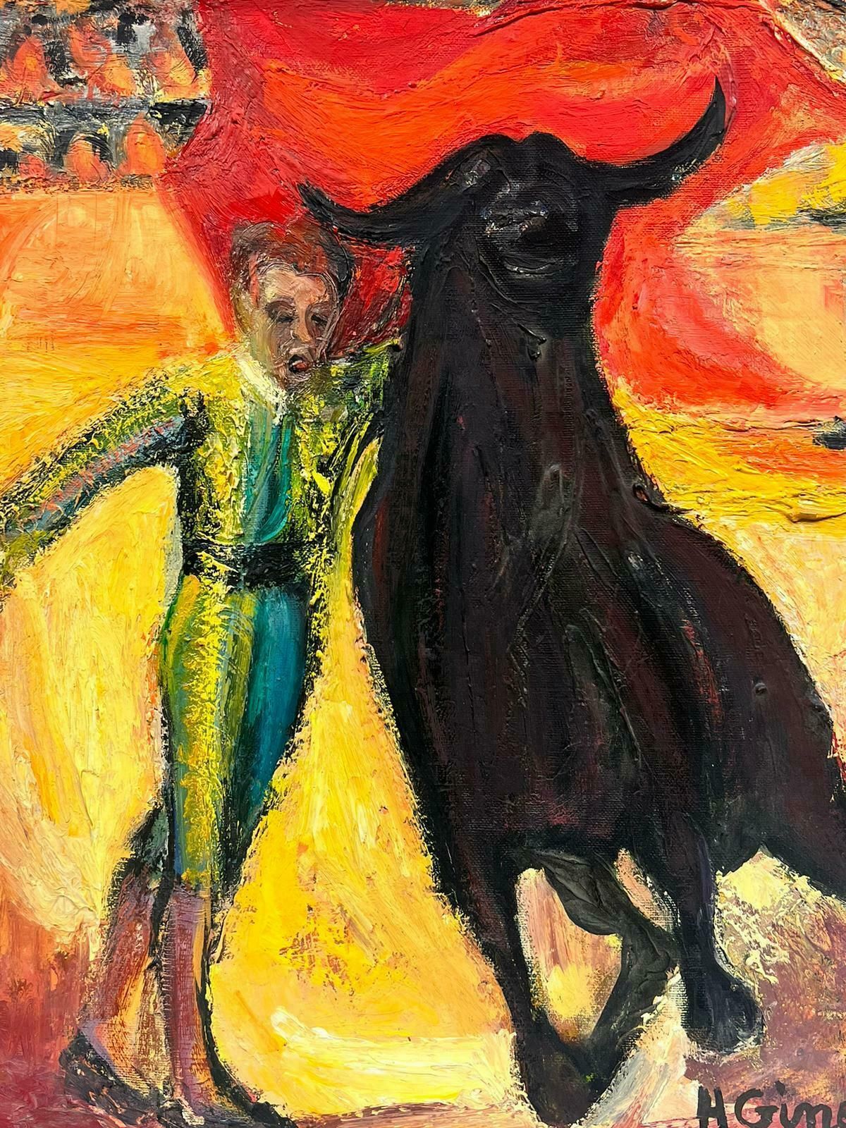 Huguette Ginet Lasnier Mid 20th Century French Oil Bull Fighter Matador With Bull Yellow & Red Colors photo furniture