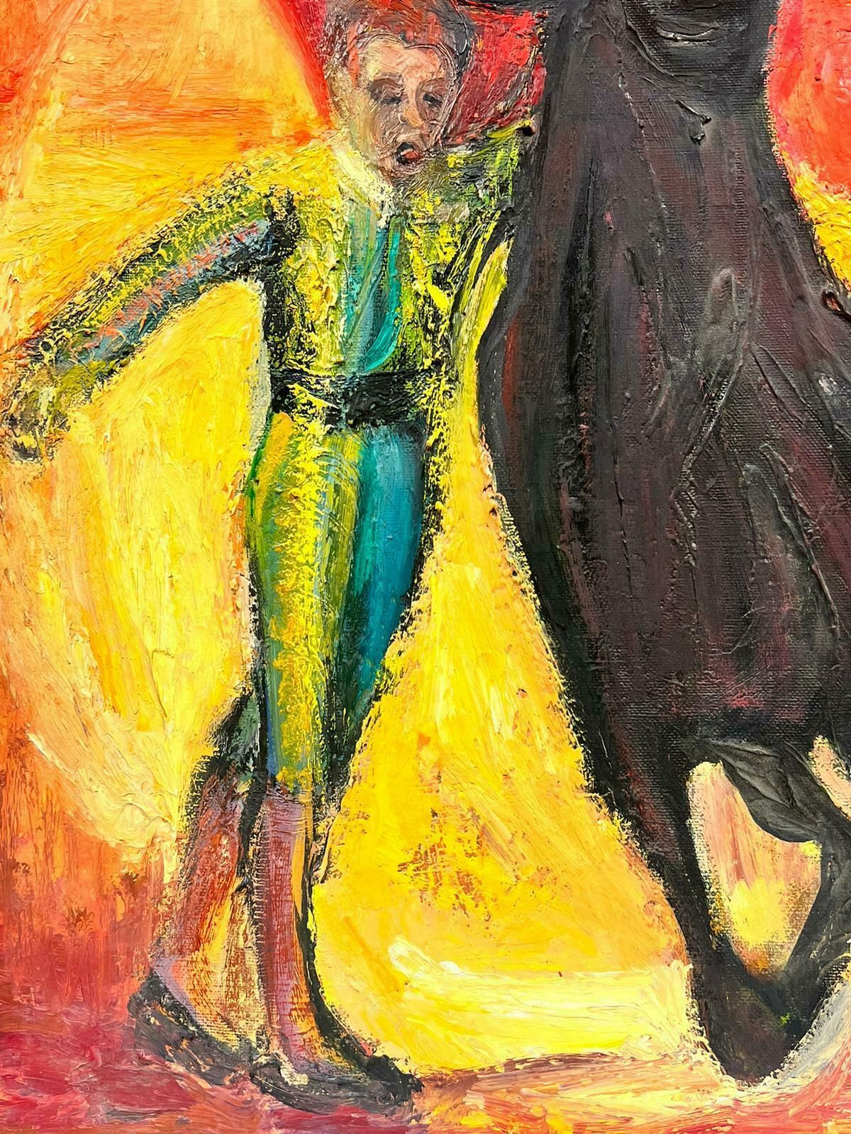 Huguette Ginet Lasnier Mid 20th Century French Oil Bull Fighter Matador With Bull Yellow & Red Colors photo Art