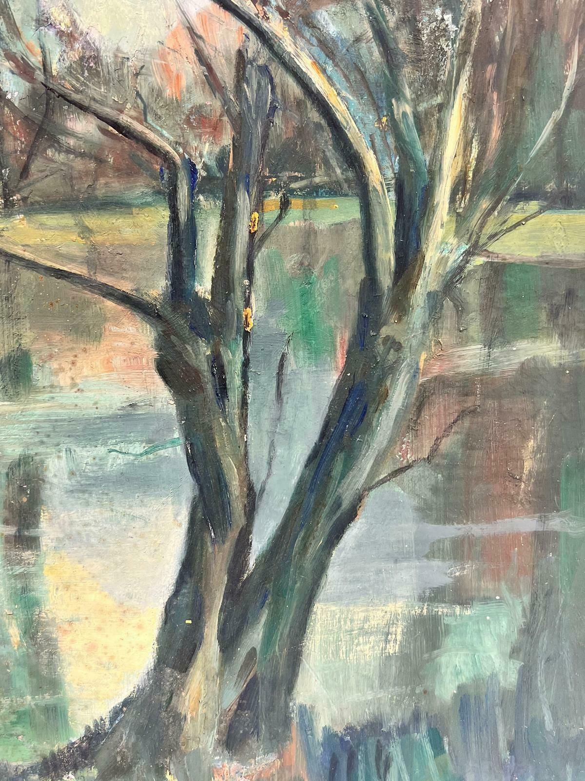 French School1950's French Modernist Oil Painting Bare Trees By Lake Moody Atmospheric Colors photo furniture