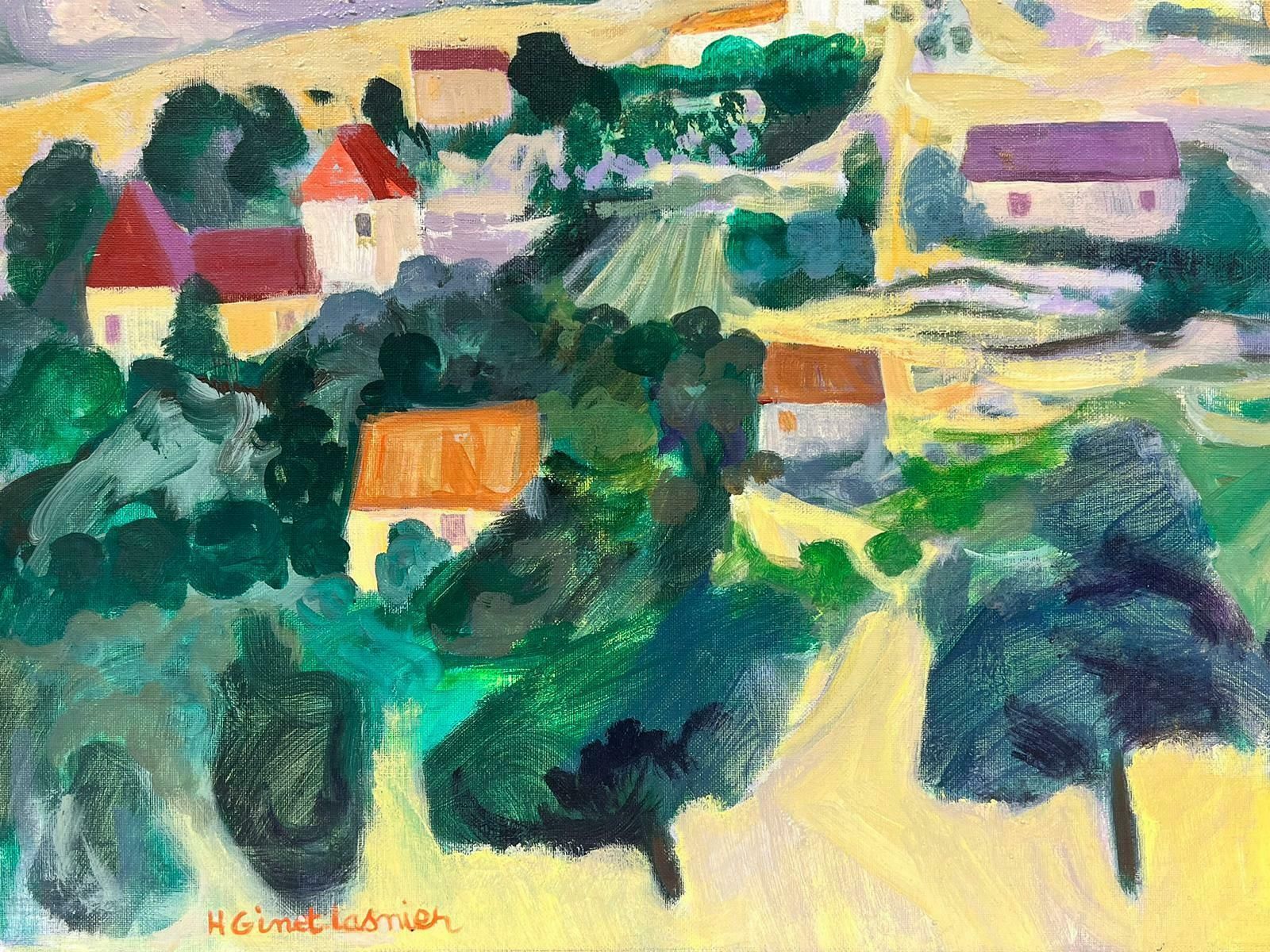Huguette Ginet Lasnier French Modernist Signed Oil Purple Roof Villages In Dordogne French Landscapec. 2000's photo Art